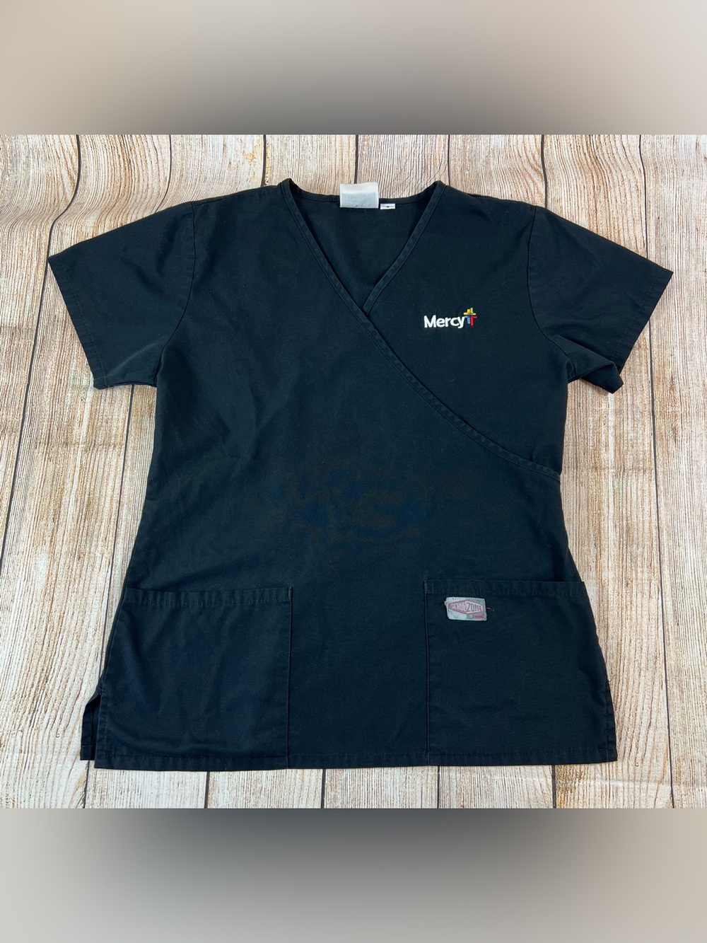 Women’s Scrubzone Landau Black Scrub Work Top Mercy Hosptial Size Small